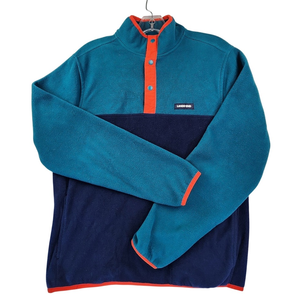 Lands End M Blue Colorblock Fleece Snap Neck Pullover Gorpcore Hiking Outdoor
